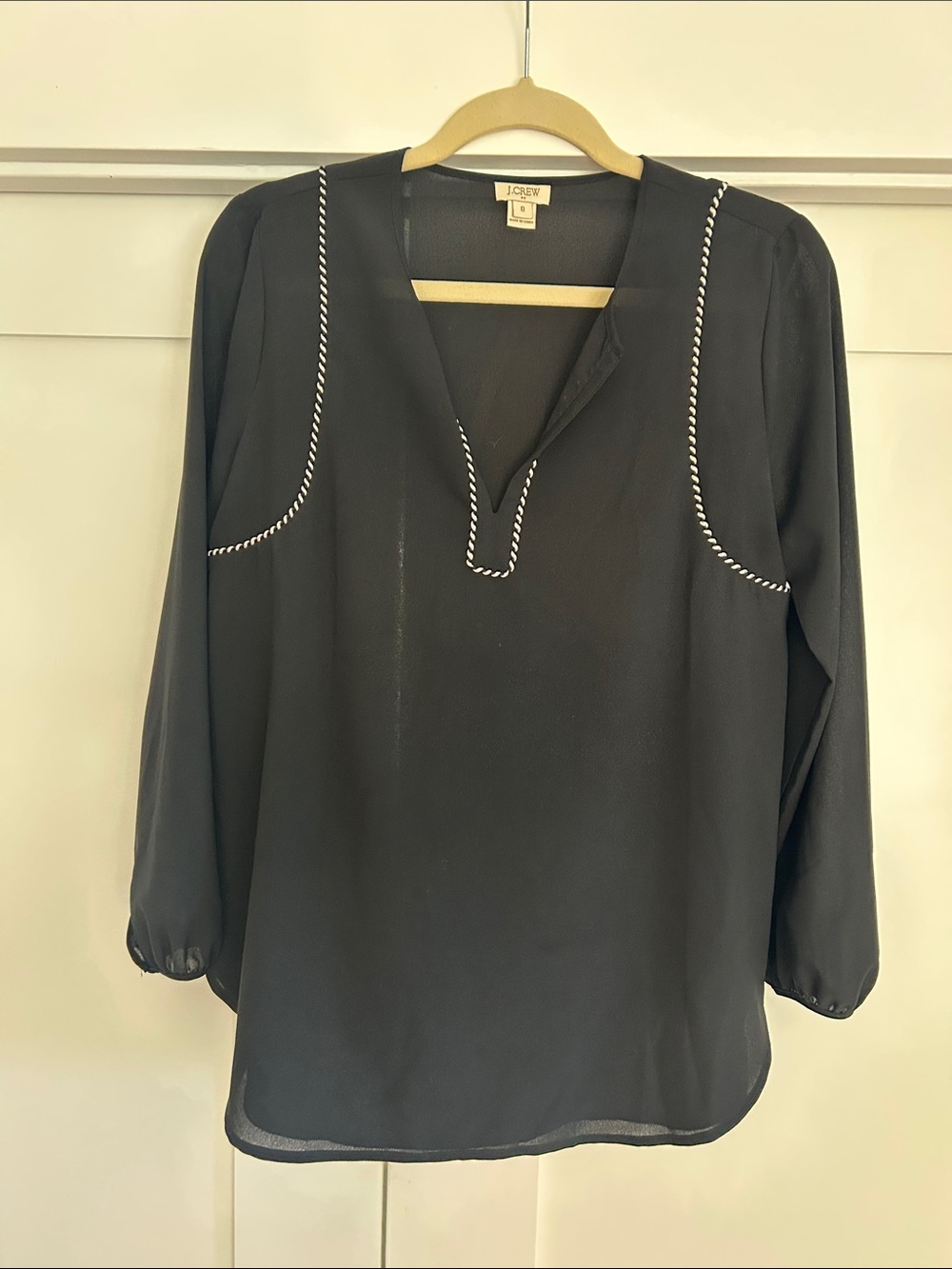 J. Crew Black Blouse with White Braided Trim